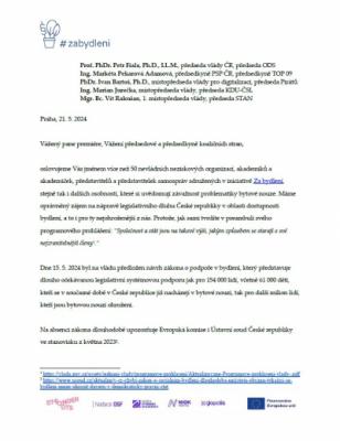 Otevřená výzva iniciativy Za bydlení předsedům koaličních stran